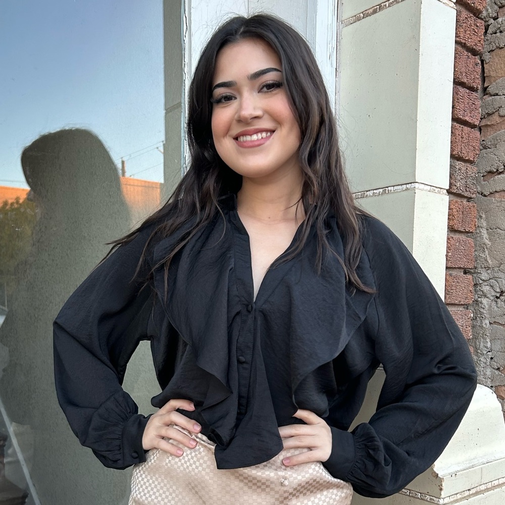 Satin Black Ruffle .Long Sleeve Top NWT
